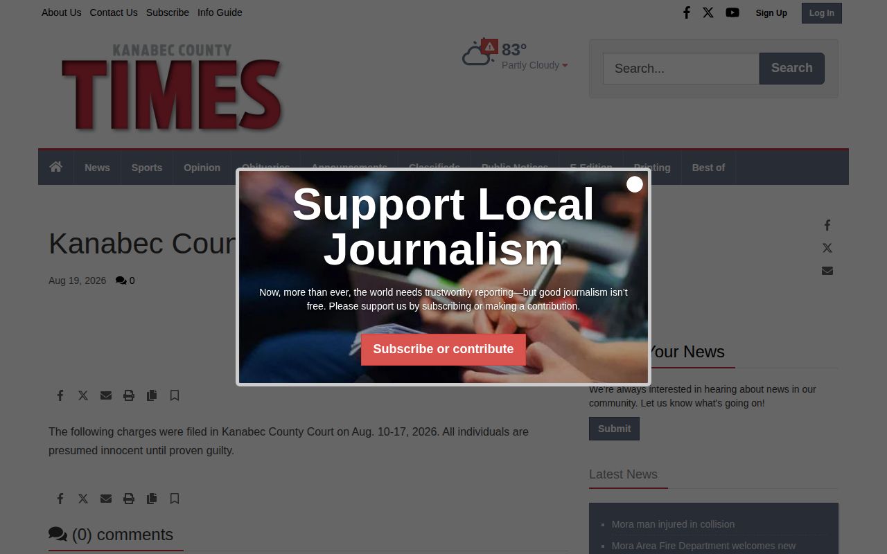 Kanabec County Times court-report page for Kanabec County arrest news